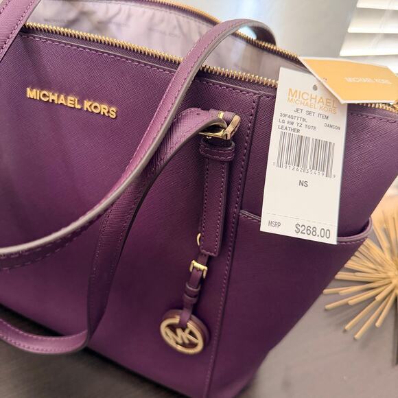 Michael Kors Jet Set Leather Tote Purple Saffiano Large Top Zip Handbag - Picture 5 of 7